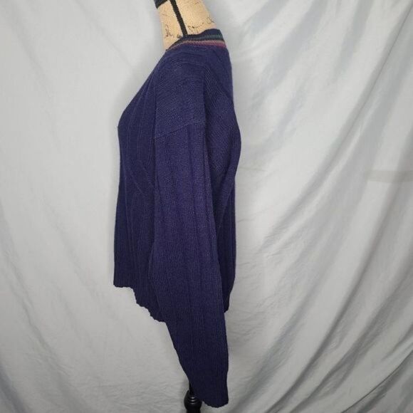 Vintage Navy Blue V-neck Unisex Shetland Wool Sweater - Picture 3 of 14